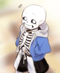  +++ 1boy 2016 2d artist_name black_shorts blue_jacket blurry blurry_background cowboy_shot cute digital_media drawstring grey_hood grin hands_in_pockets hollow_eyes hood hood_down hooded_jacket humanoid jacket looking_at_viewer male male_focus male_only monster monster_boy no_shirt open_clothes open_jacket powaro02 ribs sans_(undertale) shorts single_vertical_stripe skeleton smile solo striped_shorts teeth undead undertale utdr_(toby_fox) vertical-striped_clothes vertical-striped_shorts white_background white_stripes 