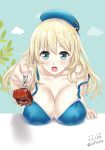  1girl atago_(kantai_collection) bikini blonde_hair blush breasts cleavage food fork green_eyes hat infinote kantai_collection large_breasts long_hair looking_at_viewer meat open_mouth outstretched_arm solo swimsuit 