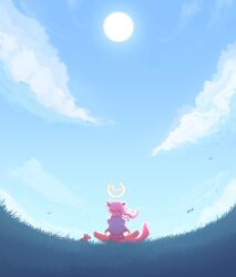  1girl animal_ears arawaffle blue_sky bow buruma clouds ear_bow ear_covers from_behind grass haru_urara_(bestest_prize)_(umamusume) haru_urara_(umamusume) headband highres horse_ears horse_girl horse_tail jacket long_hair outdoors pink_buruma pink_hair pink_headband ponytail red_buruma red_headband shirt sitting sky stuffed_animal stuffed_horse stuffed_toy sun tail umamusume white_jacket white_shirt 