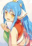  1girl blue_hair character_request highres itsuwa_(lethal-kemomimi) long_hair looking_at_viewer open_mouth pointy_ears ponytail sennen_sensou_aigis solo yellow_eyes 
