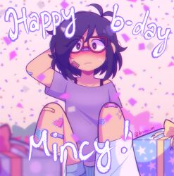  1girl alternate_costume antenna_hair arm_behind_head arm_up bandaid bandaid_on_cheek bandaid_on_face bandaid_on_knee bandaid_on_leg black_eyes black_hair blue_shorts blurry blurry_foreground blush bra_strap bright_pupils closed_mouth collarbone commentary confetti dark-skinned_female dark_skin denim denim_shorts donuqx double-parted_bangs english_commentary glasses hair_between_eyes happy_birthday looking_at_viewer mincy_(omori) omori purple_shirt red-framed_eyewear shirt short_hair short_sleeves shorts solo sticker sticker_on_leg sweatdrop t-shirt tumblr_username white_pupils 