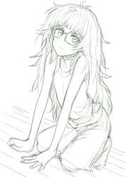  1girl ahoge arched_back barefoot dutch_angle glasses hands_on_floor highres hiyajou_maho kneeling long_hair looking_at_viewer menomorute messy_hair science_adventure shorts solo steins;gate steins;gate_0 tagme tank_top very_long_hair 