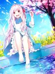  1girl barefoot cherry_blossoms dress hoshiyui_tsukino kagerou_project kozakura_mary long_hair petals red_eyes silver_hair tree water 