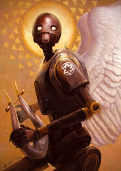  angel_wings feathered_wings harp highres imperial_logo_(star_wars) instrument k-2so looking_at_viewer oliver_wetter robot signature solo star_wars wings 