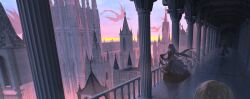  1other 2girls baluster black_hair building castle clouds cloudy_sky colonnade column commentary dragon dress english_commentary evening fantasy film_grain floating_hair hallway highres layered_dress long_hair long_sleeves multiple_girls original out_of_frame pillar red_dress scenery sisou sky spire standing tower vanishing_point very_long_hair wide_shot 
