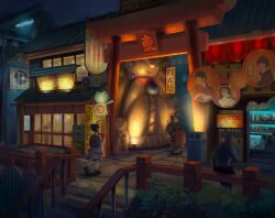  absurdres against_railing highres jizou lamppost night original outdoors people pkt77 praying railing scenery statue temple torii vending_machine wide_shot 