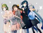  5girls :d ^_^ ahoge bangs black_dress black_hair black_legwear blue_eyes blunt_bangs braid casual closed_eyes double_bun dress fang glasses green_hair grey_background grey_eyes grey_hair grey_legwear grey_skirt hair_over_one_eye hair_ribbon hayashimo_(kantai_collection) hug hug_from_behind kantai_collection kiyoshimo_(kantai_collection) lineup long_hair long_sleeves looking_at_viewer low_twintails makigumo_(kantai_collection) multicolored_hair multiple_girls naganami_(kantai_collection) open_mouth pink_hair plaid plaid_dress plaid_skirt pleated_skirt ribbon sayori_(artist) simple_background single_braid skirt sleeves_past_wrists smile sweater twintails two-tone_hair very_long_hair yuugumo_(kantai_collection) 