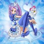  1girl blue blue_background blue_legwear boots cat cure_beat earrings eunos frilled_skirt frills hair_ornament hair_ribbon heart heart_background heart_hair_ornament hummy_(suite_precure) jewelry kurokawa_eren long_hair magical_girl precure purple_hair ribbon seiren_(suite_precure) side_ponytail sitting skirt smile suite_precure thigh-highs thigh_boots wrist_cuffs yellow_eyes 