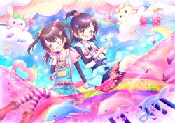  2girls absurdres boots bow brown_hair cat child clouds colorful commentary_request dolphin fashion frutiger_aero gem handheld_game_console heisei_retro highres jacket lanyard leg_warmers long_hair medium_hair multiple_girls musical_note nintendo_ds open_clothes open_jacket open_mouth original overalls pom_pom_(clothes) ponfuta rabbit rainbow revision shooting_star_(symbol) skirt smile tamagotchi tamagotchi_plus treble_clef wand 