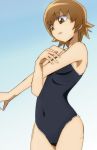  1girl breasts brown_eyes brown_hair heartcatch_precure! manji_(tenketsu) myoudouin_itsuki one-piece_swimsuit precure school_swimsuit short_hair solo swimsuit 