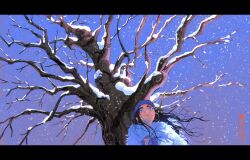  1girl ainu_clothes asirpa bandana bare_tree black_border black_hair blue_bandana blue_eyes border branch cape cheseely cloak cold commentary earrings english_commentary floating_hair from_below fur_cape fur_cloak golden_kamuy gradient_sky headband highres hoop_earrings jewelry long_hair long_sleeves multicolored_sky outdoors scenery signature sky snow snow_on_tree snowing tree upper_body white_fur wide_shot winter 