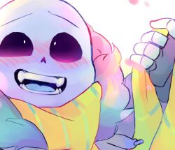  1boy 2015 2d blue_jacket blue_tongue blush close-up colored_tongue commentary cropped cute digital_media english_commentary fangs fur-trimmed_jacket fur_trim hollow_eyes hood hood_down hooded_jacket humanoid jacket looking_at_viewer male male_focus monster monster_boy open_clothes open_jacket open_mouth pink_fur portrait sans_(undertale) scarf shirt simple_background skeleton smile solo solo_focus striped_scarf teeth tongue ttoba undead undertale upper_body utdr_(toby_fox) white_background white_shirt yellow_scarf 