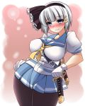  1girl black_legwear blouse blue_eyes breasts curvy gloves hair_ornament hair_ribbon hairband hairclip hamakaze_(kantai_collection) hamakaze_(kantai_collection)_(cosplay) hinomoto102521 kantai_collection katana konpaku_youmu large_breasts pantyhose ribbon school_uniform serafuku short_hair short_sleeves silver_hair skirt solo sword thick_thighs thighs touhou tsurime wakizashi weapon white_gloves wide_hips 