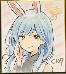  1girl absurdres animal_ear_fluff animal_ears bare_shoulders blue_hair blush braid closed_mouth commentary_request hair_between_eyes hand_up highres hololive kiritoma long_hair looking_at_viewer pekomama photo_(medium) rabbit-shaped_pupils rabbit_ears red_eyes shikishi short_eyebrows smile solo symbol-shaped_pupils thick_eyebrows traditional_media upper_body virtual_youtuber 