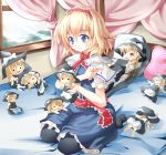  1girl :x alice_margatroid apron bed black_dress blonde_hair bloomers blue_dress blue_eyes bow canopy_bed capelet character_doll dakimakura_(object) doll dress hairband hat hat_bow kirisame_marisa matamataro needle open_mouth pillow puffy_short_sleeves puffy_sleeves sash sewing sewing_needle short_sleeves smile solo too_many_dolls touhou underwear upskirt waist_apron window witch_hat yellow_eyes 