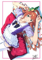  1girl animal_ears black_bow blue_eyes blush bow brown_shoes closed_mouth ear_covers hairband hashtag-only_commentary highres horse_ears horse_girl kibidango_14-gou long_hair looking_at_viewer lying on_back orange_hair pleated_skirt purple_shirt sailor_collar school_uniform shirt shoes short_hair silence_suzuka_(umamusume) skirt smile solo thigh-highs tracen_school_uniform umamusume white_hairband white_sailor_collar white_skirt white_sleeves white_thighhighs zettai_ryouiki 
