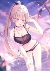  1girl :d absurdres anemoi ass_visible_through_thighs awayuki_hiiro bikini black_bikini black_bow black_choker blunt_bangs blurry blush bow breasts brown_hair choker collarbone commentary_request copyright_notice cowboy_shot day depth_of_field dutch_angle eyelashes eyes_visible_through_hair fingernails floating_hair hair_bow hair_intakes hair_over_shoulder halterneck hand_on_own_thigh hand_up highres large_breasts leaning_forward long_hair looking_at_viewer multi-strapped_bikini_bottom ocean open_mouth outdoors palm_tree pink_eyes ponytail saeki_sora second-party_source sidelocks skindentation smile solo straight_hair swimsuit thighs tree under_boob very_long_hair wading water wet wet_hair 