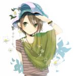  1boy brown_hair flower flower_on_head green_eyes hat jewelry necklace original poncho rano8 short_hair simple_background sketch solo 