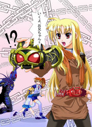  !? 3girls bat_(animal) bat_wings belt blonde_hair commentary_request crossover fate_testarossa fingernails henshin highres holding kamen_rider kamen_rider_kiva kamen_rider_kiva_(series) kivat-bat_iii kivat_belt lyrical_nanoha mahou_shoujo_lyrical_nanoha mahou_shoujo_lyrical_nanoha_strikers military military_uniform monster multiple_girls no_legwear oekaki outstretched_arm red_hair revision side_ponytail sidelocks speech_bubble sugita_tomokazu takamachi_nanoha tarisa thigh-highs translation_request tsab_air_military_uniform tsab_ground_military_uniform vivio voice_actor_connection wings 