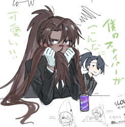  2boys baozao_bi_ge black_hair black_jacket black_necktie brown_hair can't_be_this_cute closed_mouth commentary_request dark-skinned_male dark_skin e.g.o_(project_moon) full-stop_office_(identity)_(project_moon) gloves hands_up heathcliff_(project_moon) high_ponytail hong_lu_(project_moon) jacket limbus_company long_hair multiple_boys necktie opened_can_of_wellcheers ore_no_imouto_ga_konna_ni_kawaii_wake_ga_nai parted_bangs ponytail project_moon simple_background smile soda_(e.g.o) translated very_long_hair violet_eyes white_background white_gloves 