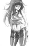  1girl alternate_costume arms_behind_back bangs bike_shorts breasts drawfag fire_emblem fire_emblem:_kakusei greyscale highres long_hair midriff monochrome pantyhose solo tank_top tharja wide_hips 