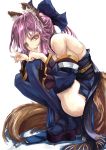  1girl animal_ears blue_legwear bow breasts caster_(fate/extra) dacho detached_sleeves fate/extra fate_(series) fox_ears fox_tail geta hair_bow hair_ribbon pink_hair ribbon solo tail thigh-highs twintails yellow_eyes 