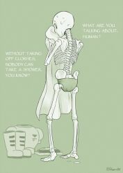  1boy 2016 2d armor artist_name barefoot boots cape digital_media english_text full_body gloves green_background green_theme holding holding_towel humanoid male male_focus male_only monochrome monster monster_boy papyrus_(font) papyrus_(undertale) powaro02 ribs shorts simple_background skeleton solo spine standing teeth text topless topless_male towel twitter_username undead undertale unworn_armor unworn_boots unworn_clothes utdr_(toby_fox) wet 