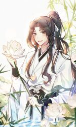  1boy bamboo bamboo_forest ben-day_dots blush brown_eyes brown_hair bug chinese_clothes chromatic_aberration cowboy_shot curtained_hair flower forest hair_ribbon hanfu highres holding holding_flower kongbbang_d layered_sleeves lens_flare light_rays long_hair long_sleeves looking_at_viewer luo_binghe male_focus nature open_mouth parted_bangs partially_submerged ponytail renzha_fanpai_zijiu_xitong ribbon screentones sidelocks solo sparkle teeth upper_teeth_only vambraces very_long_hair water water_drop white_background white_hanfu white_lotus white_ribbon wide_sleeves 