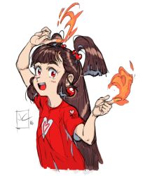  1girl 2016 achika_(overlord_jc) arm_up brown_hair fire hair_ornament hands_up heart heart_hair_ornament heart_print index_finger_raised looking_at_viewer open_mouth original overlord_jc pyrokinesis red_eyes red_shirt shirt short_sleeves short_twintails sketch smile solo teeth tri_tails twintails upper_teeth_only 