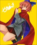  1girl bow cape character_name hair_bow long_sleeves ponpoko red_eyes redhead sekibanki short_hair skirt solo touhou yellow_background 