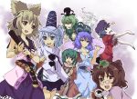  6+girls akuto animal_ears bamboo_broom blue_eyes blue_hair broom brown_eyes brown_hair dress earmuffs flower futatsuiwa_mamizou ghost_tail glasses green_dress green_eyes green_hair hair_ornament hair_rings hair_stick hat japanese_clothes jiangshi kaku_seiga kariginu kasodani_kyouko leaf leaf_on_head miyako_yoshika mononobe_no_futo multiple_girls ofuda open_mouth outstretched_arms pince-nez pipe ponytail raccoon_ears ritual_baton shawl short_hair silver_hair skirt sleeveless smile soga_no_tojiko star tail tate_eboshi ten_desires touhou toyosatomimi_no_miko vest zombie_pose 