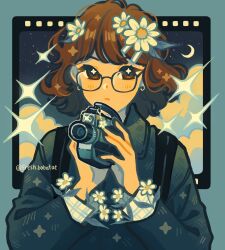  1girl blue_background blue_jacket blue_sky blue_theme brown_eyes brown_hair camera closed_mouth clouds collared_shirt commentary crescent_moon emily_kim english_commentary film_strip flower flower_charm glasses hair_flower hair_ornament halftone highres holding holding_camera jacket long_sleeves looking_at_viewer medium_hair moon night_sky original plaid_clothes plaid_shirt portrait shirt signature simple_background sky solo sparkle sparkling_eyes star_(sky) starry_sky suspenders twitter_username wavy_hair white_flower white_shirt 