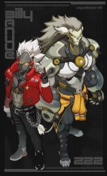  2boys artificial_eye artist_name banyue_(zenless_zone_zero) belt billy_kid black_background black_pants black_shoes character_name claws clothed_robot clothes_around_waist commentary ey3linr full_body grey_hair grey_tail highres humanoid_robot index_finger_raised jacket male_focus mechanical_eye mechanical_hands mechanical_tail metal_skin multiple_boys pants red_jacket robot robot_boy sheriff_badge shoes studded_belt tail white_hair yellow_eyes zenless_zone_zero 