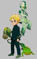  1boy black_pants blonde_hair blue_eyes buttons crossed_arms diamond_wa_kudakenai echoes_(stand) echoes_act1 echoes_act2 echoes_act3 full_body gakuran gold_buttons green_shoes grey_background high_collar highres hirose_koichi jojo_no_kimyou_na_bouken looking_at_viewer mikey_uo pants revision school_uniform shoes short_hair simple_background spiky_hair stand_(jojo) standing 