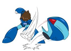  android armor armored_boots bikini_armor blue_armor boots breastplate brown_hair full_armor gloves headphones helmet highres hyoumaru jeweled_helmet joints knee_boots mechanical_legs mega_man_(series) mega_man_x_(series) robot robot_joints short_hair shoulder_armor simple_background throwing throwing_hat unworn_headwear unworn_helmet white_background white_gloves 