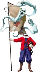  1boy absurdres banner battle_standard beads black_hair demon_(megami_tensei) ghost headless highres holding holding_detached_head japanese_clothes kazuma_kaneko official_art open_mouth persona portuguese_ranguage portuguese_text prayer_beads ranguage scan shin_megami_tensei shin_megami_tensei_nine smile standing sword third-party_source tokisada_(megami_tensei) transparent_background war_banner weapon yellow_eyes 