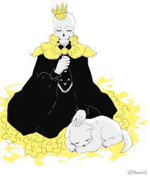 1boy 2016 2d animal animal_on_lap annoying_dog artist_name cloak crown delta_rune_(symbol) delta_rune_print digital_media dog duo flower gloves half-closed_eyes humanoid male male_focus male_only monster monster_boy papyrus_(undertale) powaro02 robe simple_background sitting skeleton spoilers teeth twitter_username undead undertale utdr_(toby_fox) white_background yellow_flower 
