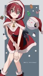  1girl amate_yuzuriha aqua_eyes bell blush breasts capelet christmas closed_mouth commentary_request dress english_text fur-trimmed_capelet fur-trimmed_dress fur-trimmed_headwear fur_trim gingerbread_man gundam gundam_gquuuuuux haro hat highres looking_at_viewer merry_christmas o6nuqm red_capelet red_dress red_hair red_hat ribbon santa_costume santa_dress santa_hat shirt short_hair smile 