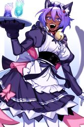  1girl animal_ear_fluff animal_ears animal_hands apron bell black_corset breasts cat_ears cat_girl cat_tail corset dress fangs food gloves hair_between_eyes hair_intakes highres holding holding_tray ice_cream ice_cream_float jingle_bell lipstick looking_ahead maid_headdress makeup maplekeurig medium_breasts neck_bell open_mouth original oversized_object paw_gloves purple_dress purple_hair short_hair smile solo tail tray violet_eyes waitress white_apron white_headdress 