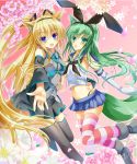  2girls :d animal_ears blonde_hair blue_eyes cosplay elbow_gloves fang flower fox_ears fox_tail gloves green_eyes green_hair hair_ornament hairband hatsune_miku hatsune_miku_(cosplay) highres kantai_collection kasumi_toshizou long_hair looking_at_viewer multiple_girls navel open_mouth original petals pleated_skirt rose school_uniform serafuku shimakaze_(kantai_collection) shimakaze_(kantai_collection)_(cosplay) skirt smile striped striped_legwear tail takataka thigh-highs two_side_up vocaloid zettai_ryouiki 