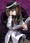  1girl book bow brown_eyes brown_hair capelet clock hat hat_bow janne_cherry long_sleeves necktie one_eye_closed open_book shirt touhou usami_renko 