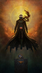  1boy absurdres armor black_background black_boots black_gloves black_hair black_pants boots brown_coat coat compound_eyes emblem floating floating_scarf full_body gloves glowing glowing_eyes green_armor green_helmet haze helmet highres k_(kamen_rider) kamen_rider kamen_rider_1 kamen_rider_1_(shin) katou_yuu long_coat orange_background pants red_scarf revision rider_belt robot scarf severed_head shin_kamen_rider shocker_(kamen_rider) smoke solo_focus tokusatsu torn_clothes torn_coat torn_scarf typhoon_(kamen_rider) yellow_background 