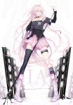  1girl blue_eyes boots braid character_name choker highres holding ia_(vocaloid) long_hair marumoru microphone_stand open_mouth pigeon-toed pink_hair pleated_skirt skirt solo twin_braids vocaloid wind 