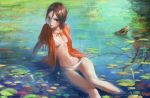  1girl arm_support bikini blue_eyes brown_hair flower highres lips lotus nababa original small_breasts solo swimsuit water 