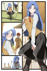  1boy 1girl black_skirt blue_eyes blue_hair blush borrowed_clothes embarrassed emiya_shirou fate/stay_night fate_(series) fishnet_pantyhose fishnets highres homurabara_academy_school_uniform long_hair mature_female medea_(caster)_(fate) medea_(fate) pantyhose pleated_skirt rasupekuto red_hair school_uniform shovel skirt 