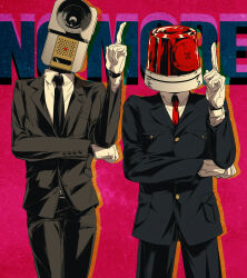  2boys black_jacket black_necktie camcorder camera collared_shirt commentary_request del_(logicallogos) elbow_on_arm english_text formal_clothes gloves index_finger_raised jacket male_focus movie_thief multiple_boys necktie no_more_eiga_dorobou object_head patlite police_siren posing red_background red_necktie searchlight shirt standing straight-on suit video_camera white_gloves white_shirt 
