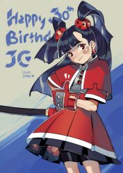  1girl absurdres achika_(overlord_jc) armor bandaid bandaid_on_cheek bandaid_on_face bike_shorts bike_shorts_under_skirt black_hair black_shorts borrowed_character breastplate capelet cowboy_shot dress earrings gift_art gloves hand_on_own_hip happy_birthday highres jewelry juby katana long_hair notice_lines original red_capelet red_dress red_eyes red_gloves short_dress shorts sphere_earrings sword thumbs_up tri_tails weapon 