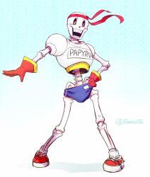  >:d 1boy 2016 2d aqua_background armor artist_name blue_shorts blush_stickers character_name clothes_writing digital_media full_body gloves gradient_background hand_on_own_hip headband humanoid legs_apart male male_focus male_only monster monster_boy orange_eyes outstretched_arm papyrus_(undertale) powaro02 red_gloves red_headband red_shoes shoes shorts simple_background skeleton sneakers socks standing teeth twitter_username two-tone_background undead undertale utdr_(toby_fox) white_armor white_background white_socks 