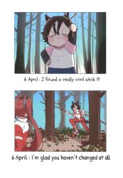  age_progression animal_ears autumn forest horse_ears horse_girl long_hair multiple_girls short_hair vodka_(umamusume) 