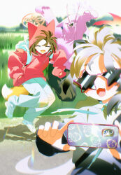  3girls ^_^ absurdres animal_ear_hood animal_ears black_hoodie blue_archive bm_tol brown_hair cellphone character_print closed_eyes commentary doodle_sensei_(blue_archive) fang grey_hair halo highres hood hoodie izuna_(blue_archive) jumping michiru_(blue_archive) multiple_girls ninjutsu_research_club_(blue_archive) orange_hoodie outdoors phone purple_hoodie raccoon_ears sensei_(blue_archive) shadow skin_fang sleeves_past_fingers sleeves_past_wrists smartphone star-shaped_eyewear star_(symbol) sunglasses tsukuyo_(blue_archive) 